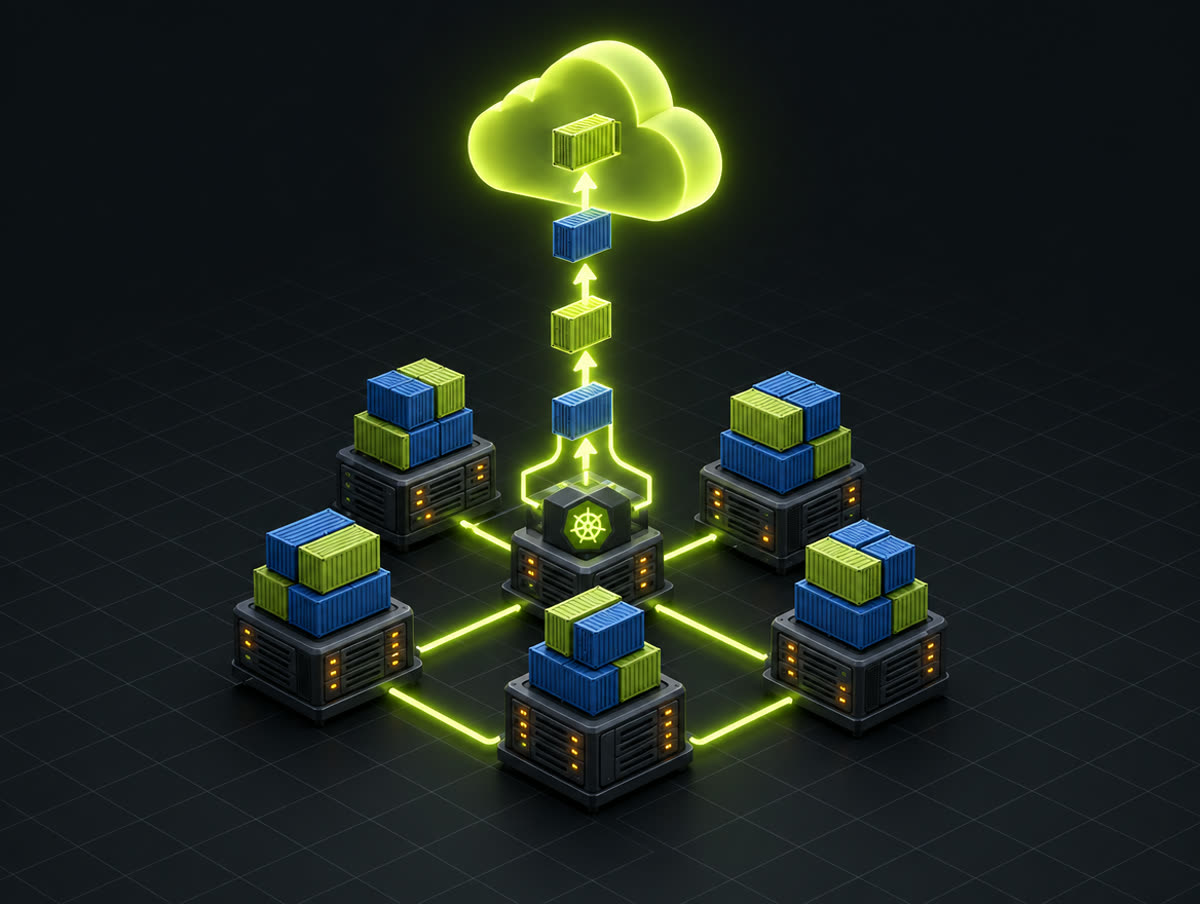 Contenedores de software desplegándose desde un clúster de servidores hacia la nube.